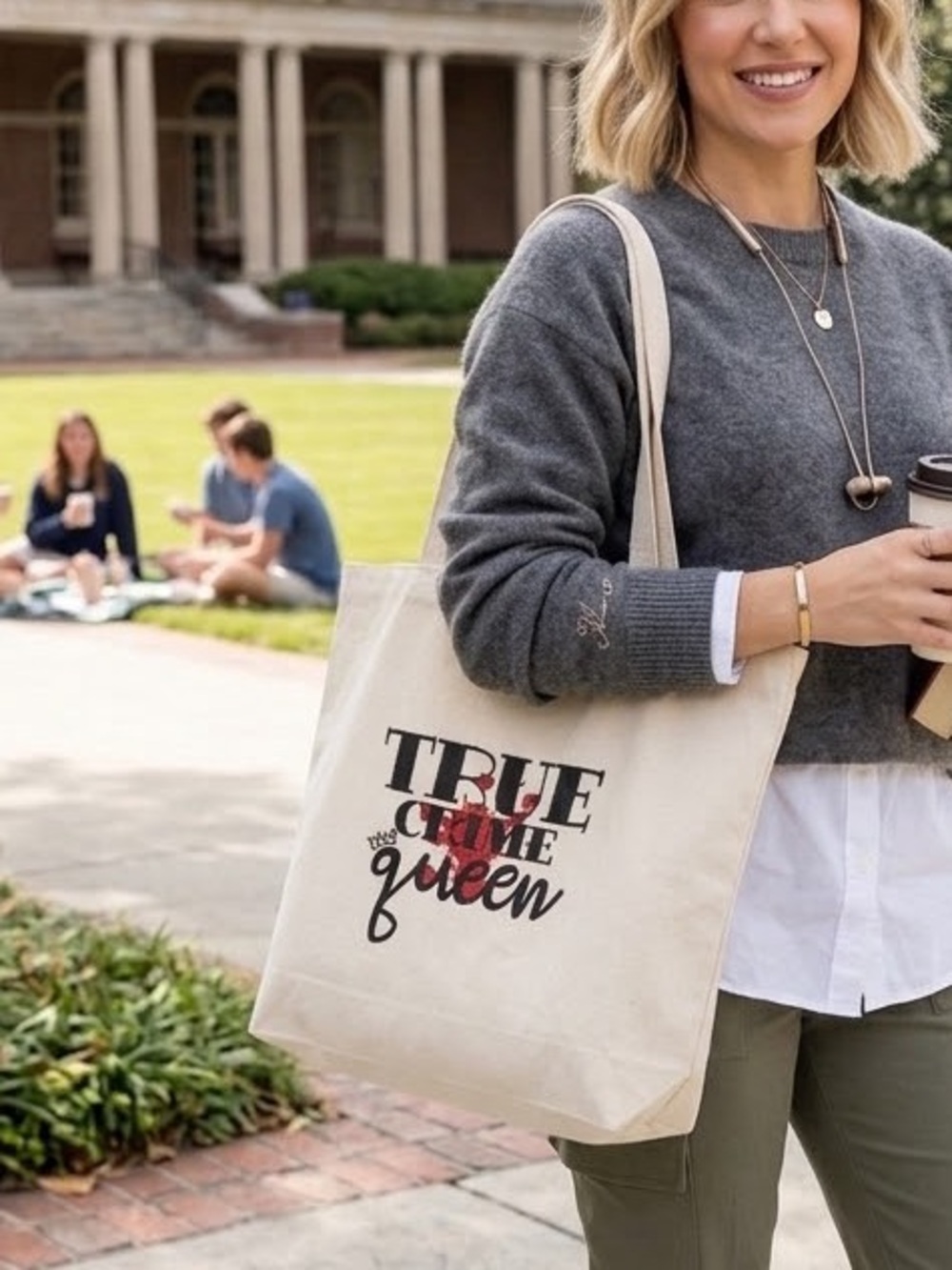 True Crime Queen Canvas Tote Bag - Cream with Black & Red